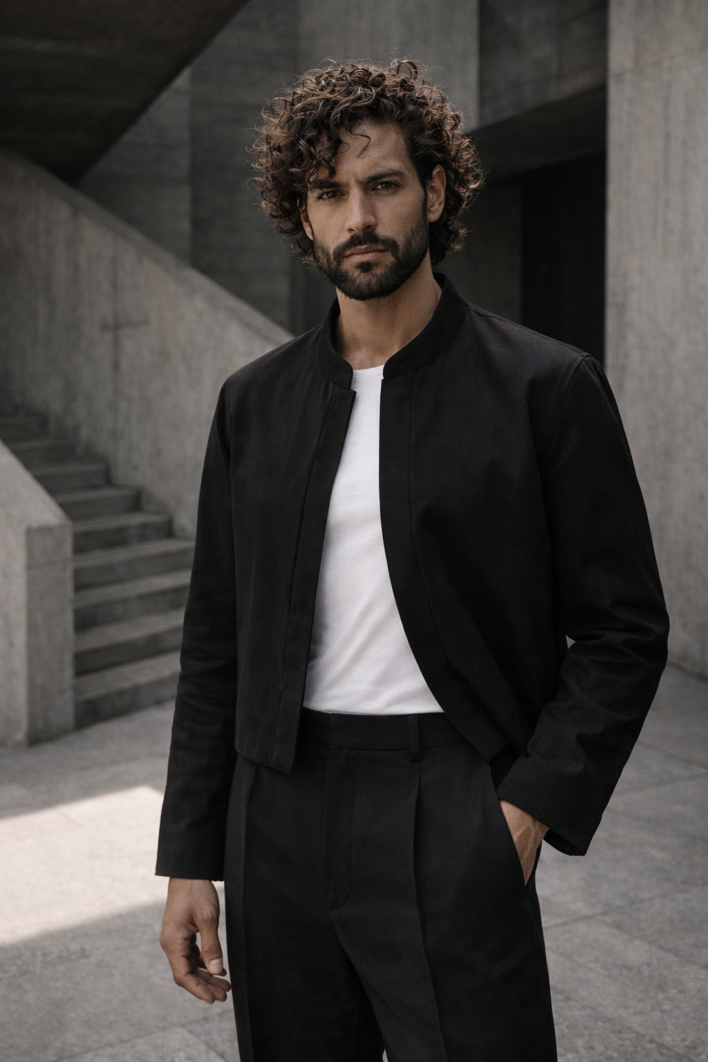 Man wearing a black jacket over a white shirt in an urban setting