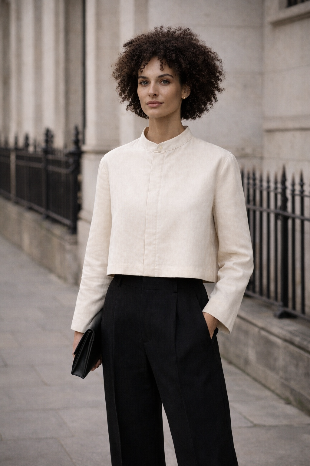 Woman wearing a white jacket and black pants standing on a street.