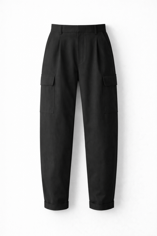 Black Aalto cargo pants on a white background